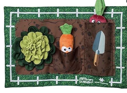 Brown and green puzzle mat with pretend cabbage, a carrot, and velcro storage